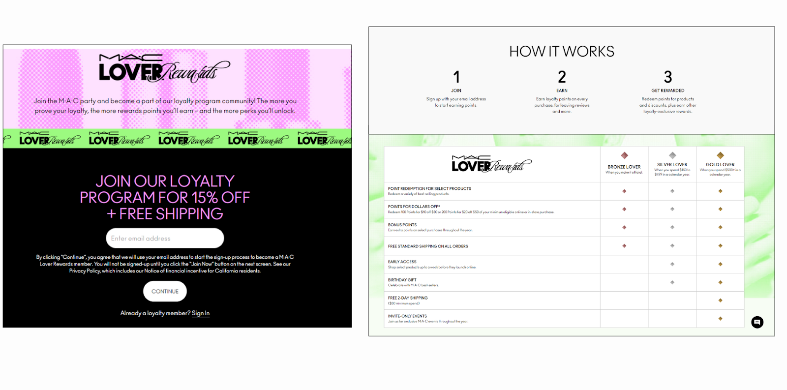 MAC loyalty program page offering 15% off and free shipping for joining, with a detailed rewards chart explaining membership benefits.